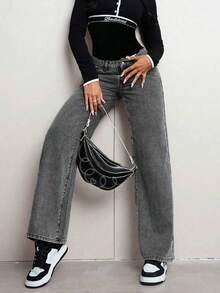 Jeans rectos de cintura baja de unicolor y ajuste holgado para adolescentes - Gris Oscuro - Ver 6