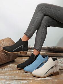 Women's Ankle Boots Pointed Toe Mid-Heel Chunky Heel Double Zipper Boots For Autumn, Suitable For Holidays And Vacations - Blue - View 3