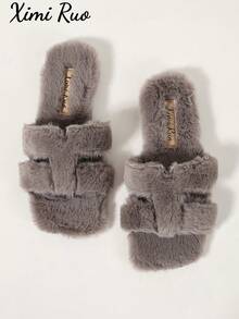Ximi Ruo Women's Solid Color Flat Fuzzy Slippers, Casual Vacation Beach Home Indoor Outdoor Wear, Autumn Winter Warm Plush Lining, Simple Fashion Slouchy Slip-On Shoes, Soft Lightweight Versatile Daily Commute Indoor Outdoor Street Wear, Comfortable Flat Casual Travel Outfit Shoes, Fleece Lined Dual-Use Slippers - Grey - View 7