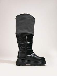 Women's Wide Toe Box Thick Sole High Shaft Slouch Boots With Belt Buckle Decor, Inner Zipper, Loose Wide Leg Opening, Motorcycle Style Long Boots, Autumn - Black Leather Zipper - View 7