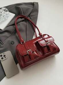 Solid Color Crocodile Embossed Pattern Shoulder Bag, Multi-Pocket Cylindrical Small Body, Easy Storage For Small Items With Zipper Closure, Long Hand-Carry Shoulder Strap With Star And Heart Pendant, Suitable For Commuting, Work, Dating, Shopping And Travel - Burgundy - View 4