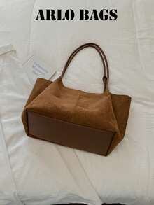 Vertical Split Line Woven Twist Drawstring Decor Tote Bag With Shoulder Strap, Large Capacity Soft Tote Style, Shoulder Handbag With Woven Drawstring Closure, Vintage Korean Minimalist Relaxed Commuter Style, Suitable For Women, Office Workers, Students, Commuting, Shopping, Travel - Brown - View 7