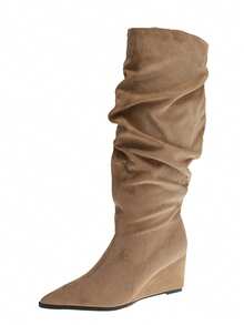 Sepatu Boots Wanita Fashion Tinggi dengan Lengan, Ujung Runcing, Hak Wedges, Bagian Atas Lembut Berkerut, Shaft Bertumpuk, Slip-On, Kasual untuk Musim Gugur/Dingin - Aprikot - View 2