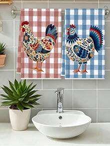 2pcs Plaid Folk Style Rooster Kitchen Towel Set, Vintage Floral Pattern Hen Farm Style Absorbent Dish Cloth Hand Towel Tea Towel, Soft Absorbent Microfiber Hand Towel, Suitable For Kitchen Decor, Dining Table Decor, Bathroom Decor Towel Set, Warm Gift For Friends And Family - Multicolor - View 2