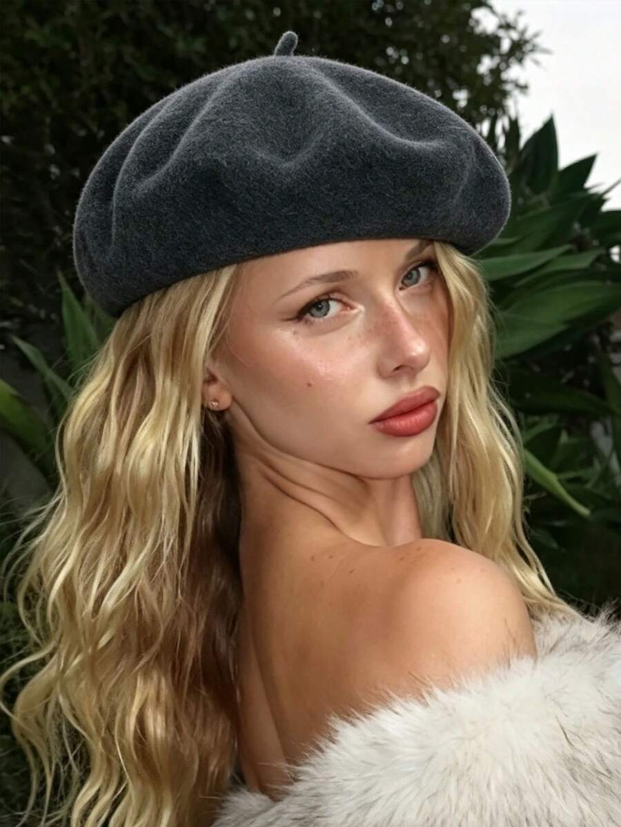 1pc Fashion Classic Warm Solid Color Beret Hat, Simple Painter Cap - Grey - View 1