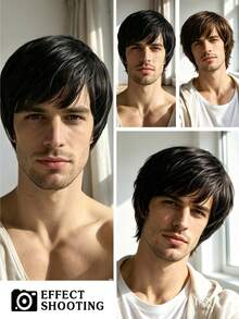 Men Short Layered Wig With Side Fringe, Trimmable Natural Synthetic Heat Resistant Hair Wig, Breathable Wig Cap For Daily Wear & Costume - Multicolor - View 10