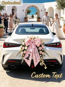 Wedding Car Decoration Bow ,Custom Name Satin Ribbon Bow, Romantic Bridal Car Ornament For Wedding Ceremony Party Supplies - Multicolor - View 3