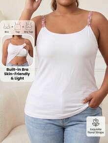 Plus Size Women's Built-In Bra Camisole, Embroidered Floral Straps, Thick Padded Cups, Everyday Basic Layering Tank Top - White - View 6