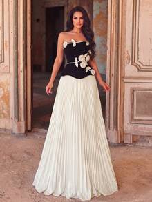 Elegant Strapless 3D Floral Applique Contrast Pleated Evening Gown, Bridal Photography, Formal Dinners, Garden Parties Black Wedding Party, Fall - Black - View 4