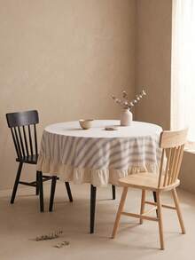 1pc Beige Base Blue Fine Striped Round Tablecloth, Natural Rustic Style Fabric, Round Beige With Scalloped Edge And Patchwork Detail, Decorative And Functional, Suitable For Daily Home And Rustic Dining Table Decor - Blue - View 8