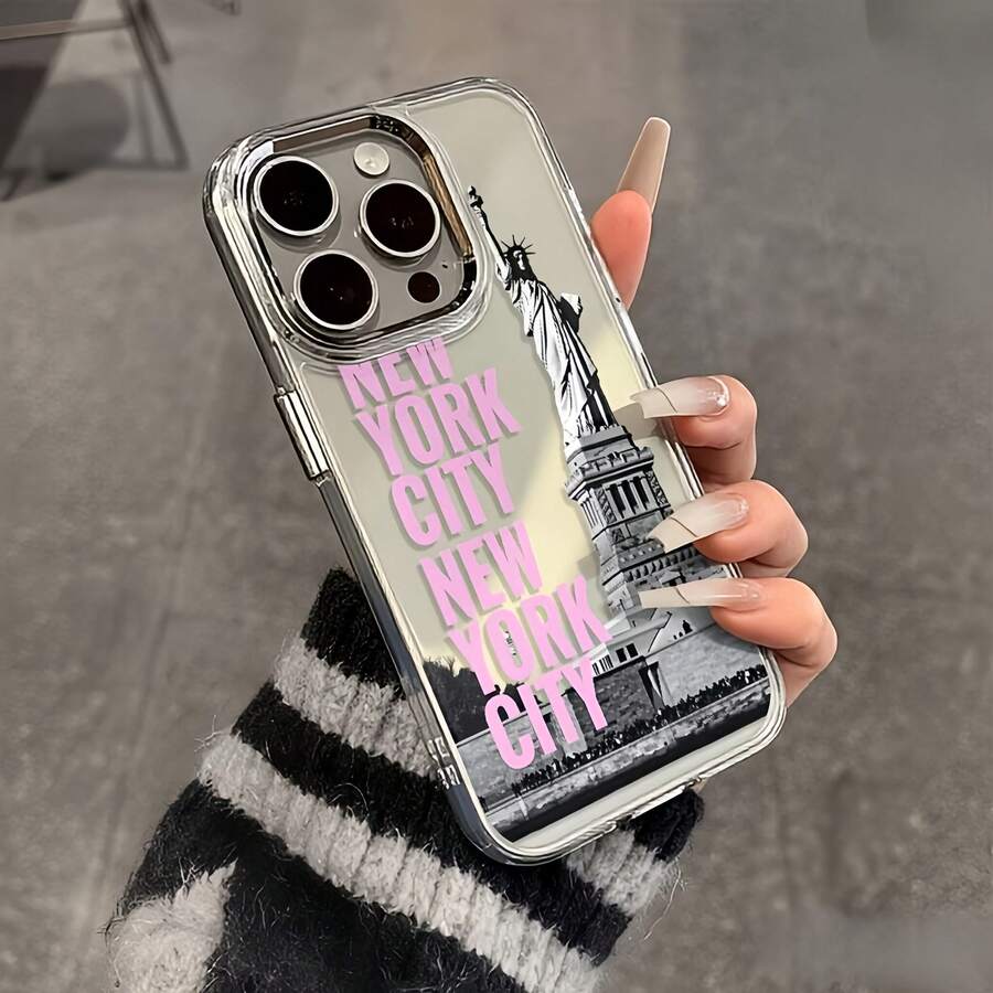 1件金屬殼透明個性化粉色字母紐約自由女神像圖案手機殼,適用於 iPhone 16 Pro Max/17/16/15/14 Plus/13/12/11/Air 保護殼 - 彩色 - 查看 1
