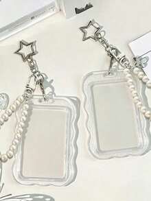 Transparent Wavy Edge Card Holder Keychain With Pearl Chain And Star Clasp, Durable And Fashionable, Designed For Women, Playful And Practical Plastic Structure, Campus Essential, Beautiful Design, Can Store ID Card, Bank Card, Bus Card And Keys, Campus Commute Essential Document Protector, Student Campus Commute Essential, Practical And Fashionable - Multicolor - View 6