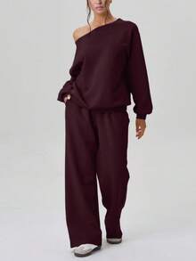 Solid-Color Slanted Shoulder Design Sporty Casual Fashion Two Pieces Set - Purple - View 3
