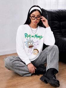 SHEIN X Rick and Morty 1件女款長袖T恤，閃電卡通臉印花，趣味街頭風，適合購物、上學與休閒派對，白色 - 白色 - 查看 4