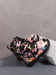 Sepatu Bot Pendek Motif Bunga untuk Anak Perempuan, Bertali, Resleting Samping, Sol Tebal Anti Selip, Motif Bunga Modis - Hitam - View 3
