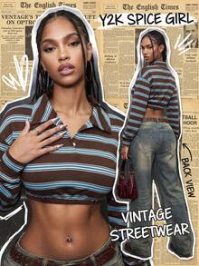 Women's Casual Striped Collar Button Oversized Micro Cropped Long Sleeve Tops For Daily,Winter Fall Clothes,Fall Winter Outfit,Going Out Tops - Coffee Brown - View 8