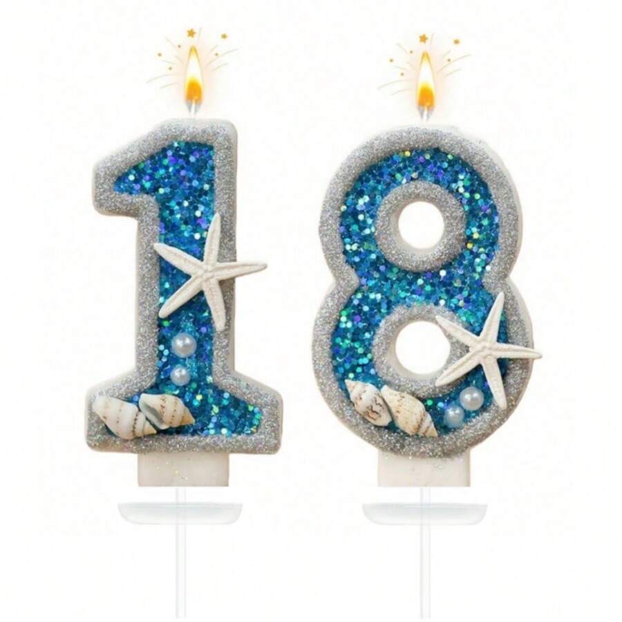 1支0-9数字组合蜡烛，银边蓝海星装饰，适用于生日派对、周年纪念、婚礼、宠物生日、高级蛋糕装饰