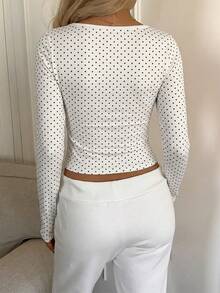 Women's Fitted Thermal Polka Dot Crew Neck Long Sleeve Top, Soft Warm Casual Slim Fit Shirt For Fall Winter, White, Holiday Outfit - White - View 3