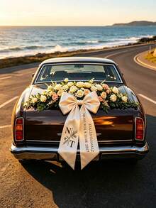 Romantic Wedding Car Rear Decoration Bow,Custom Name Print Satin Ribbon Bow With Pink White Artificial Rose Flower, Bridal Wedding Ceremony Party Car Ornament Supplies - Multicolor - View 6