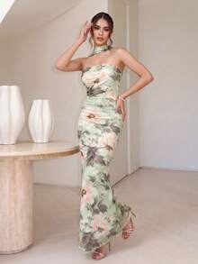 Colysmo Elegant Green Floral Print Backless Fishtail Dress For Women, Suitable For Formal Weddings,Bridesmaids, Evening Parties, And Cocktail Parties. - Green - View 3