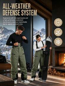 1pc Men's Detachable Bib Ski Pants, Cross Adjustable Shoulder Straps With High Waist Snow-Proof Design, Dual Side Zipper Storage Pockets, Inner Thigh Ventilation Zipper, Adjustable Hem Zipper, Waist Snow Skirt Structure, Reinforced Stitching, Loose Straight Fit, Single/Double Board Outdoor Snow Sports Bib Pants - Army Green - View 3