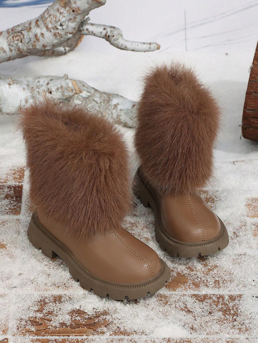 1 Pair Autumn/Winter New Brown Fluffy Long Fur Decor Soft Comfortable Warm Round Toe Back Zipper Girls' Ankle Boots, Snow Boots - Brown - View 1