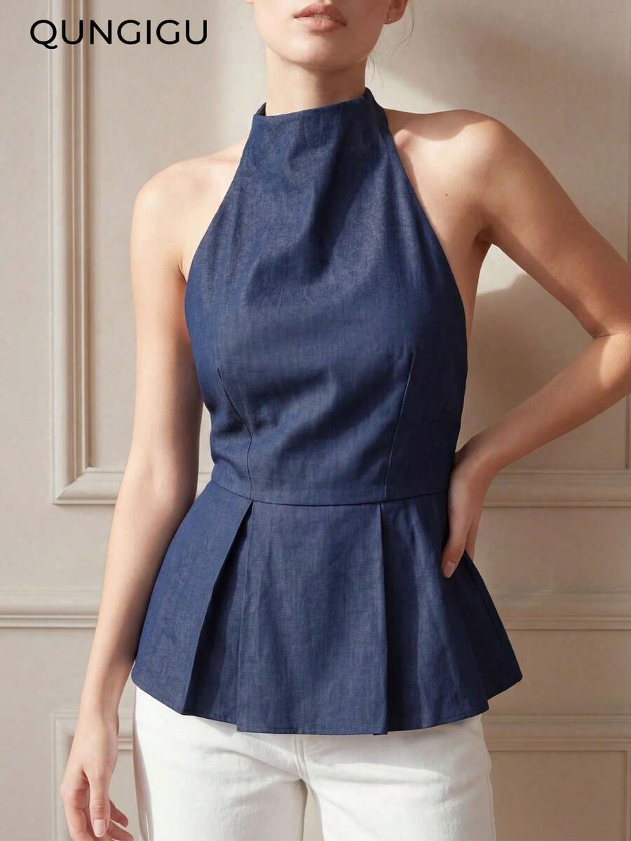 Blus Peplum Wanita Tanpa Lengan dengan Atasan Halter dan Punggung Terbuka, Gaya Kasual untuk Bepergian, Pergi Keluar, Kencan, Musim Gugur dan Musim Dingin - Navy Blue - View 1