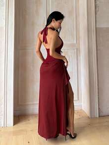 Luxury Elegant Sexy Halter Neck Tie Slit Evening Dress For Wedding And Festival - Burgundy - View 4