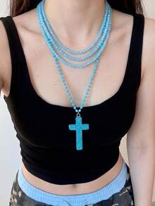 1件女款藍色多層項鍊，時尚Y2K藍色水鑽十字架吊墜項鍊，適合日常穿著與派對，珠寶禮物 - 藍色 - 查看 2
