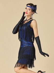 1920年代無袖 Flapper 舞女裙 大領口《大亨小傳》風格 亮片流蘇 咆哮20年代雞尾酒洋裝 - 藍色 - 查看 6