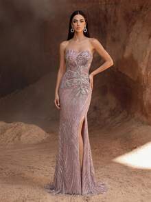 YISIKADO 3D Floral Applique Sequin Rhinestone Embellished Heart Neckline Sheer Mesh High Slit Wavy Striped Mermaid Formal Evening Party Gown - Coral Pink - View 2