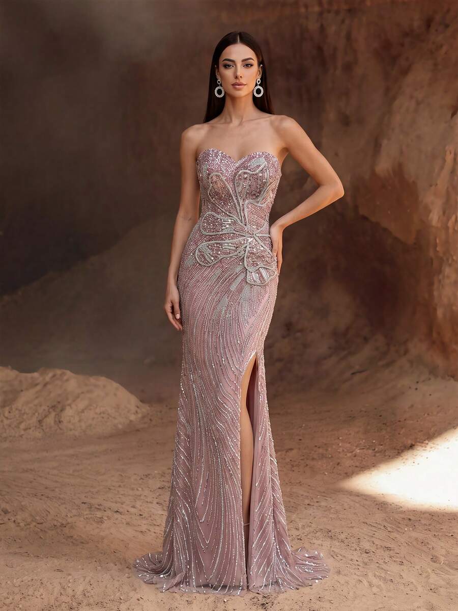 YISIKADO 3D Floral Applique Sequin Rhinestone Embellished Heart Neckline Sheer Mesh High Slit Wavy Striped Mermaid Formal Evening Party Gown