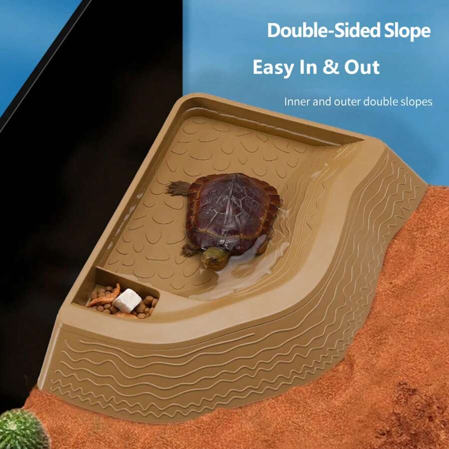 Reptile Tortoise Bath Basin With Dual Slope Ramp, 2 In 1 Turtle Soaking Pool Feeding Dish, Non-Slip Climbing Platform For Terrapin Lizard Gecko Habitat Decor - Style A - View 1