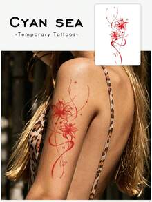 1件臨時紋身貼紙，紅花彼岸花線條藝術圖案，逼真紋身設計，適合日常使用、單身派對小禮物、音樂節、遊戲活動、畢業禮物，可維持3-5天 - 紅色 - 查看 1