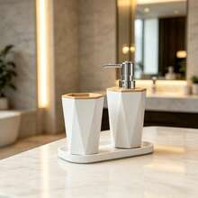 3 Piecesminimalist Black And White Geometric Bathroom Accessory Set, Bamboo Decorative Soap Dispenser, Toothbrush Cup With Trays, Modern Dressing Tables, Countertops, Home Bathroom Decorations - Multicolor - View 3