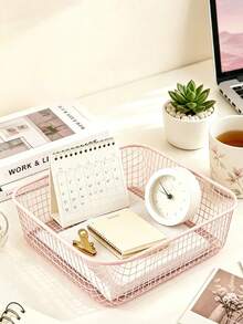 1PC Metal Square Desktop Storage Bins, Open‑Top Iron Storage Baskets For Desk Small Clutter Organizing, Minimalist Style Storage Container, Tabletop Small Supplies Holding Organizer For Office Desk Bedroom Vanity Daily All‑Season Use Gift Selection - Multicolor - View 3