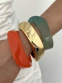 3/1pc Vintage Minimalist Casual Style Women's Asymmetrical Geometric Shape Gold CCB And Multicolor Acrylic Bracelets, Suitable For Daily Wear And Summer Beach Vacation, Can Be Layered, Perfect Gift Choice For Holidays - Multicolor - View 9