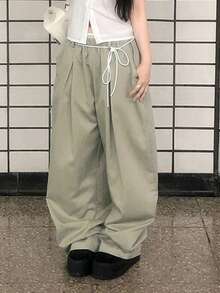 Women's Loose Casual Lace Patchwork Wide Leg Pants With Pockets (Includes Drawstring) - Khaki Green - View 4