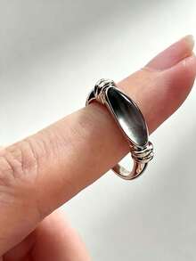 1pc Vintage Minimalist Natural Translucent White Agate Faux Chalcedony Ring, Unique Double-Layer Design, High-End Index Finger Ring, Elegant Versatile Couple Jewelry - Silver - View 6