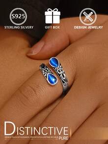 S925 Sterling Silver Vintage Distressed Blue Cat's Eye Stone Open Ring, Vintage Carved Adjustable Band - Silver - View 2