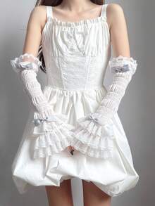 1 Pair Girls Lace Trim Patchwork Arm Sleeves, Ballet Style White & Black Sleeve Covers, Sweet Cute Lolita Bowknot Arm Warmers - Multicolor - View 16