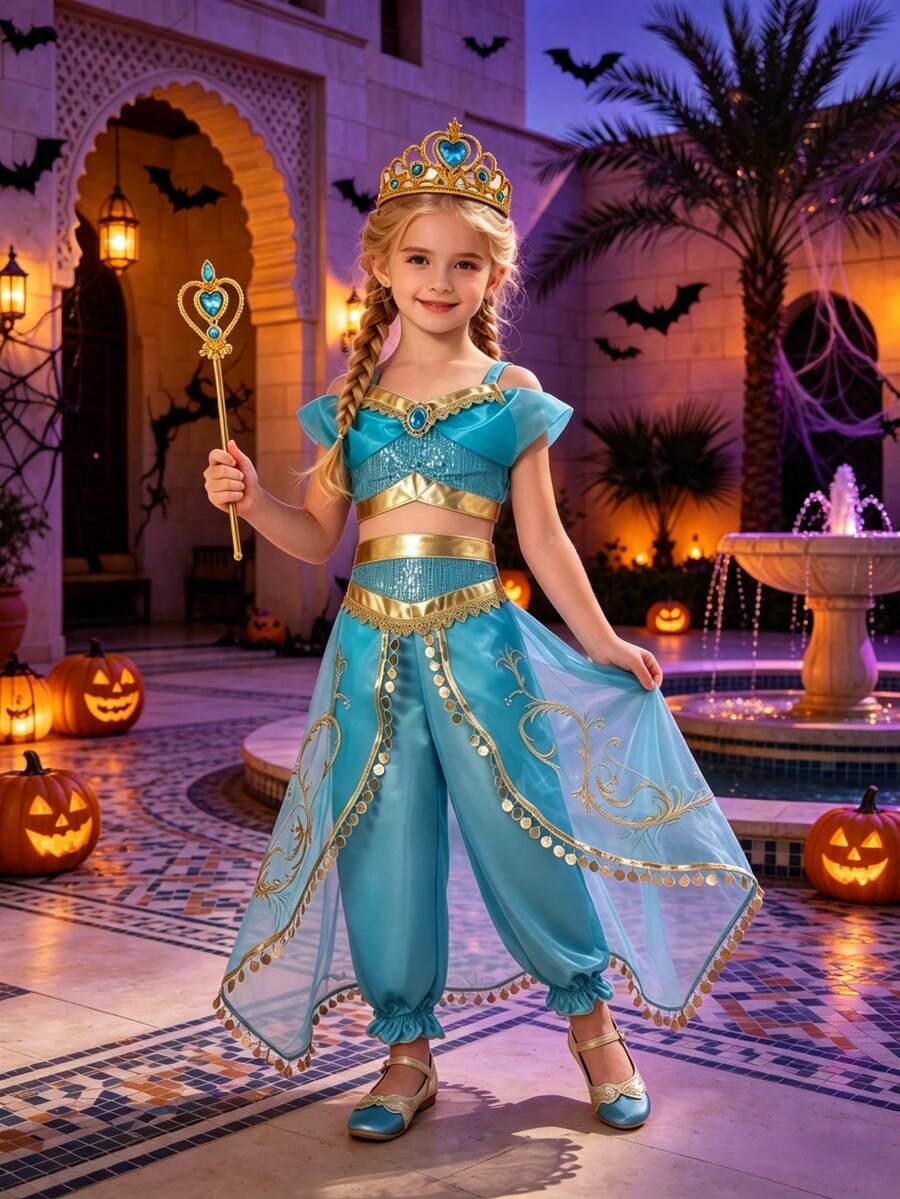 Summer Halloween Carnival Princess Cosplay Short Top And Long Pants Set With Crown And Magic Wand, Suitable For Children's Birthday Theme Party Performance Costume, Belly Dance Gorgeous Outfit - Blue - View 1