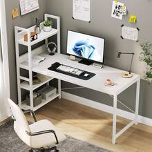 Schreibtisch mit 4-Tier Seitlichem Regal, 120 cm Breiter Computertisch mit Ablage, Stabil Bürotisch mit Metallgestell, Einfache Montage für Home Office - Weiß/120 x 56 x 120 cm - Übersicht 2