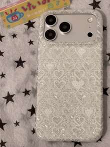 Niche Lace Heart Design Phone Case Compatible With Apple 17 Pro Max, 16, 15 Pro, 14, 13, Anti-Drop Protective Cover For Women, Glitter Creative Full Coverage Ins Style - White - View 1