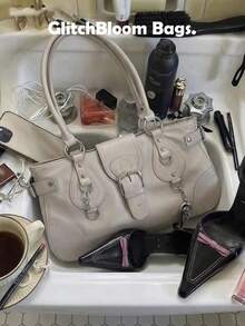 Tas Bahu Kapasitas Besar Gaya Punk Y2K, Tas Tangan Kulit Sintetis dengan Dekorasi Paku Keling & Gesper, Tas Tote Streetwear Gothic untuk Wanita (Tidak Termasuk Liontin atau Stiker) - Dark Grey - View 4