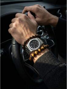 2pcs/Set Vintage Round Bead Bracelet Set, Wooden Texture And Tiger Eye Stone-Like Beads Elastic Wristband, Suitable For Men's Daily Wear - 2 Bracelets - View 3