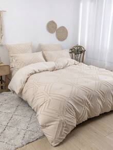 3-Piece Khaki Diamond Pattern Texture Polyester Duvet Cover Set, Bohemian Vintage Bedding Set (Filling Not Included), Suitable For All Seasons, Queen Size - Khaki - View 2