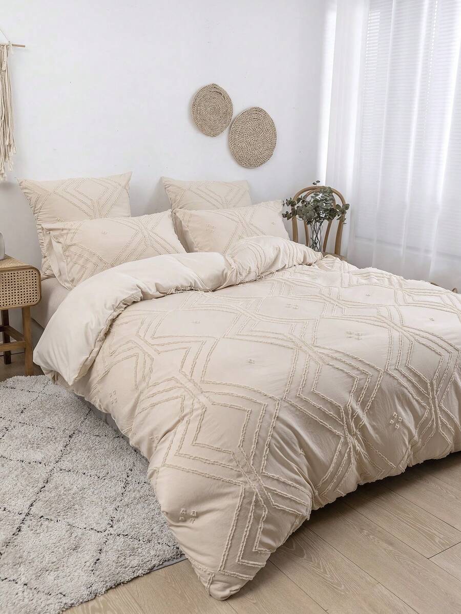 3-Piece Khaki Diamond Pattern Texture Polyester Duvet Cover Set, Bohemian Vintage Bedding Set (Filling Not Included), Suitable For All Seasons, Queen Size
