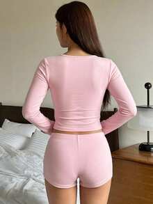 DAZY 2pcs Women's Round Neck Long Sleeve Top + Elastic Waist Shorts Pajama Loungewear Set - Pink - View 3
