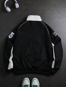Men's Colorblock Racing Pattern Jacket, Zipper Stand Collar Long Sleeve Outerwear, Suitable For Casual Street Style, Racing Jacket, Daily Wear And Outdoor Activities - Black - View 4